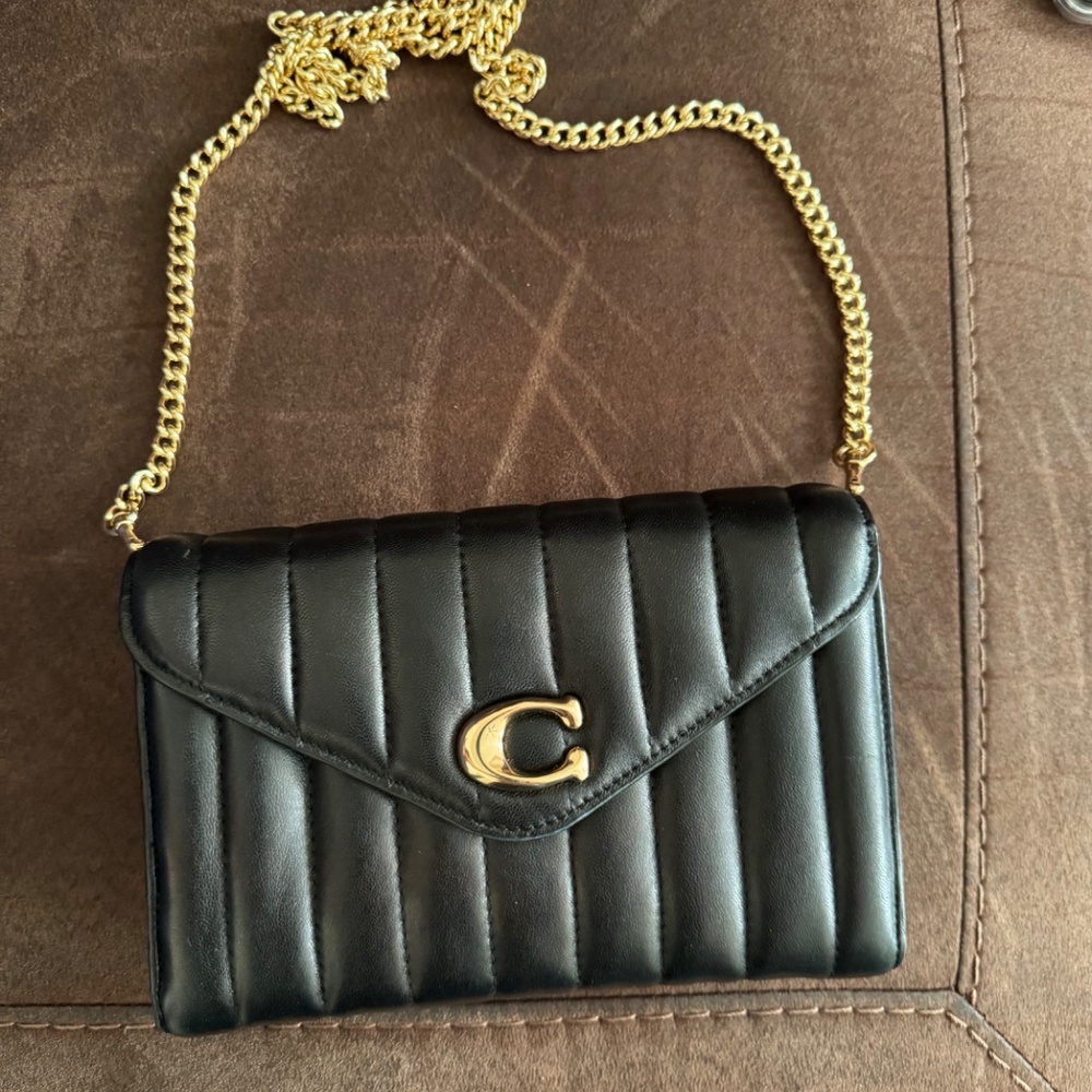 Coach Tammie Quilted clutch (black with gold chain and details).
